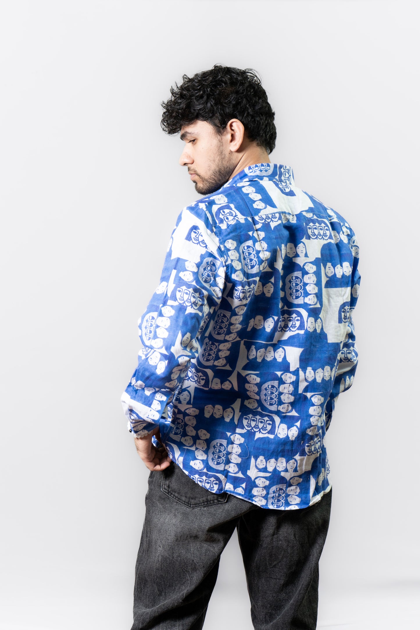 Linen Abstract Face Printed Shirt -Monday Blues- Blue