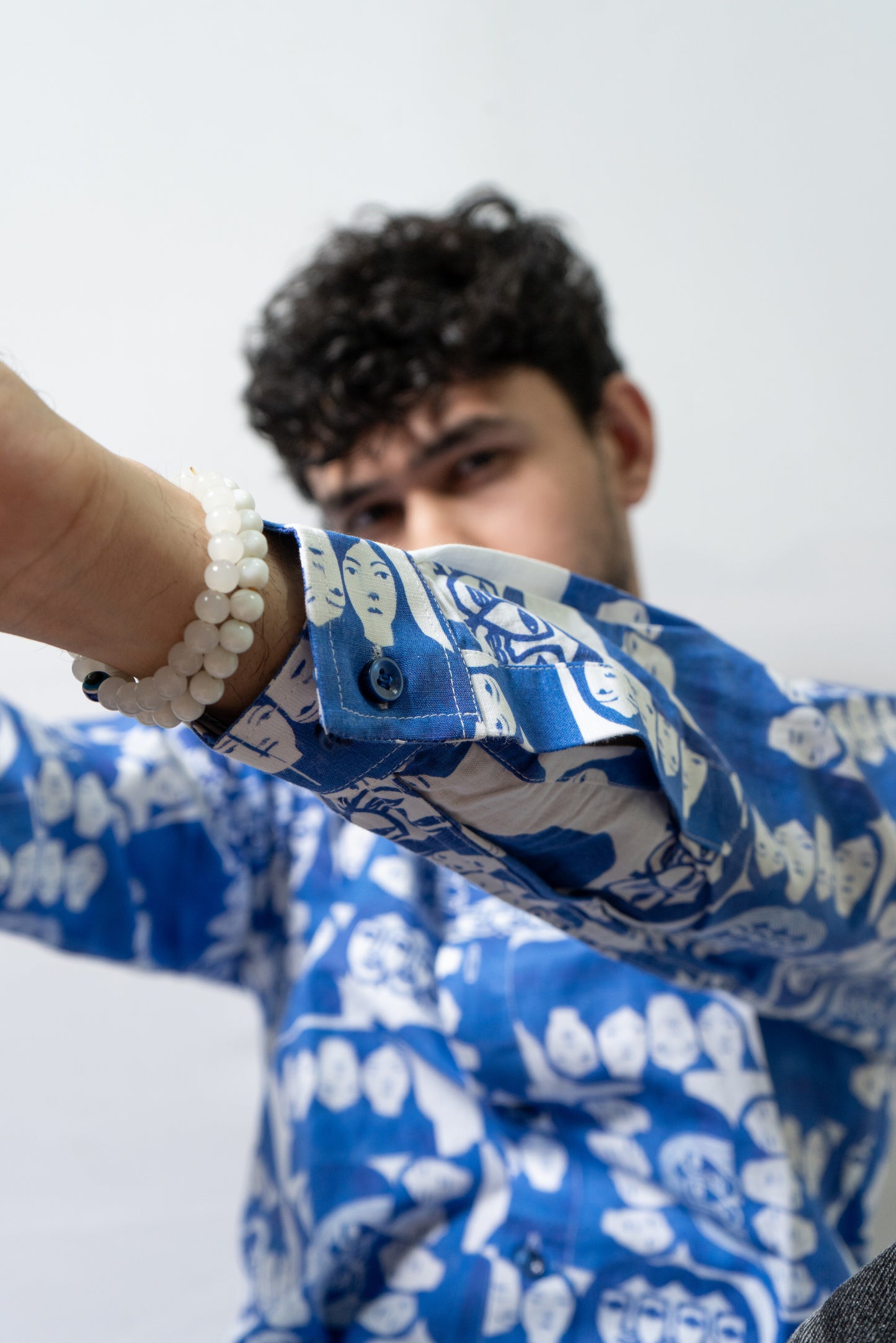 Linen Abstract Face Printed Shirt -Monday Blues- Blue