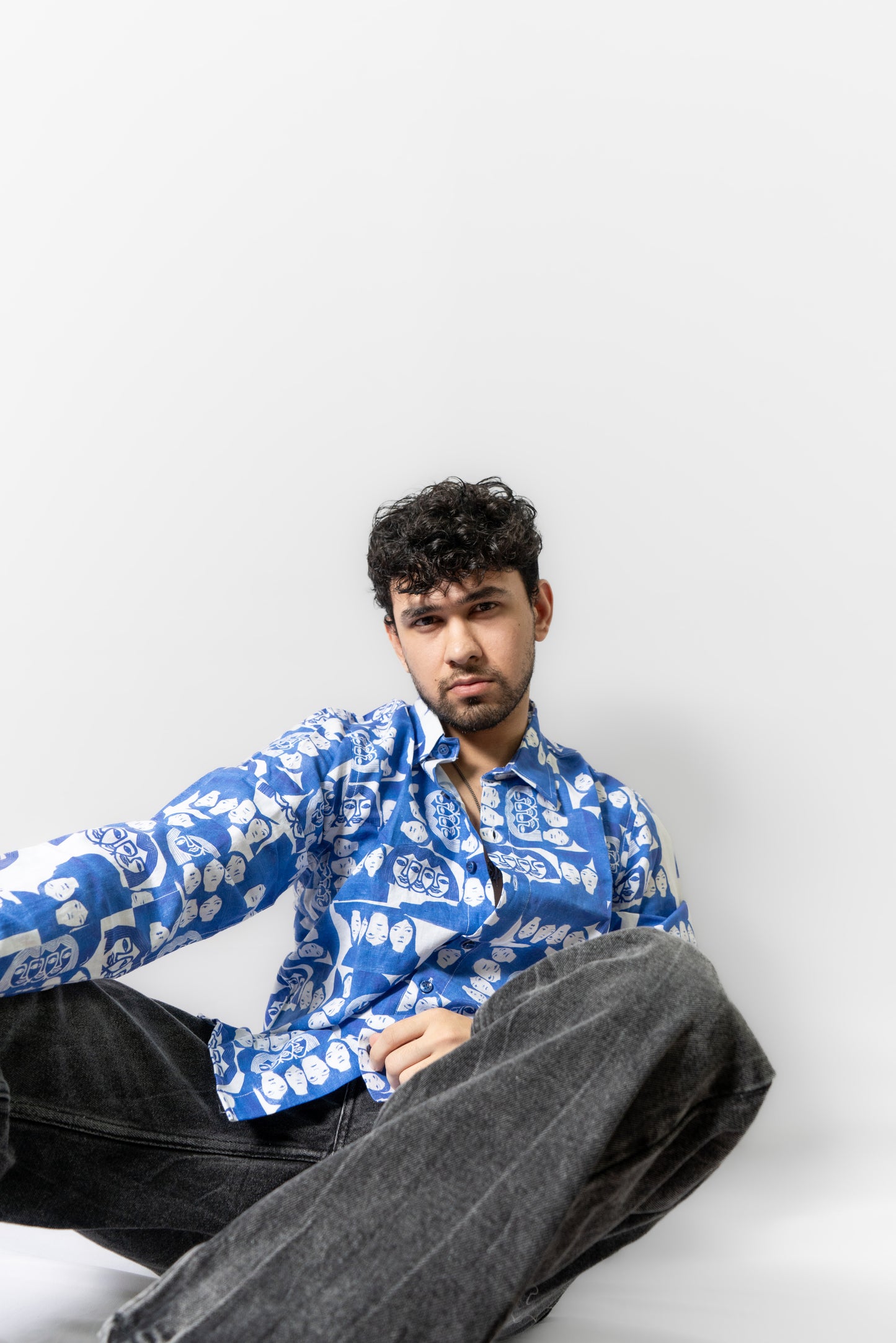 Linen Abstract Face Printed Shirt -Monday Blues- Blue