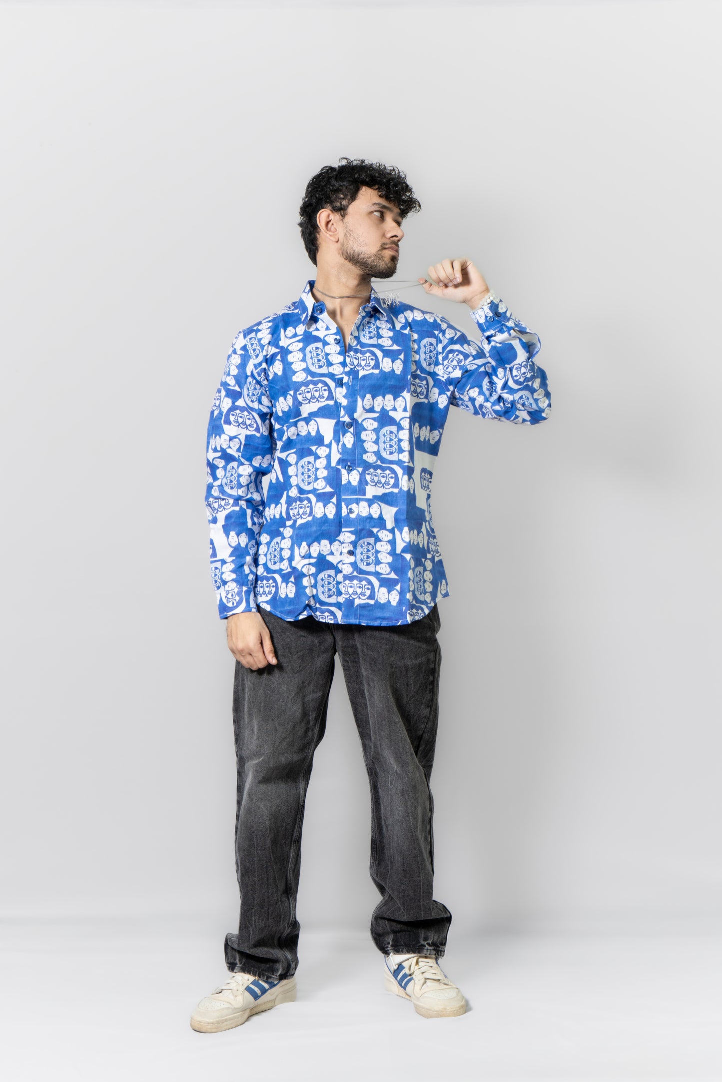 Linen Abstract Face Printed Shirt -Monday Blues- Blue