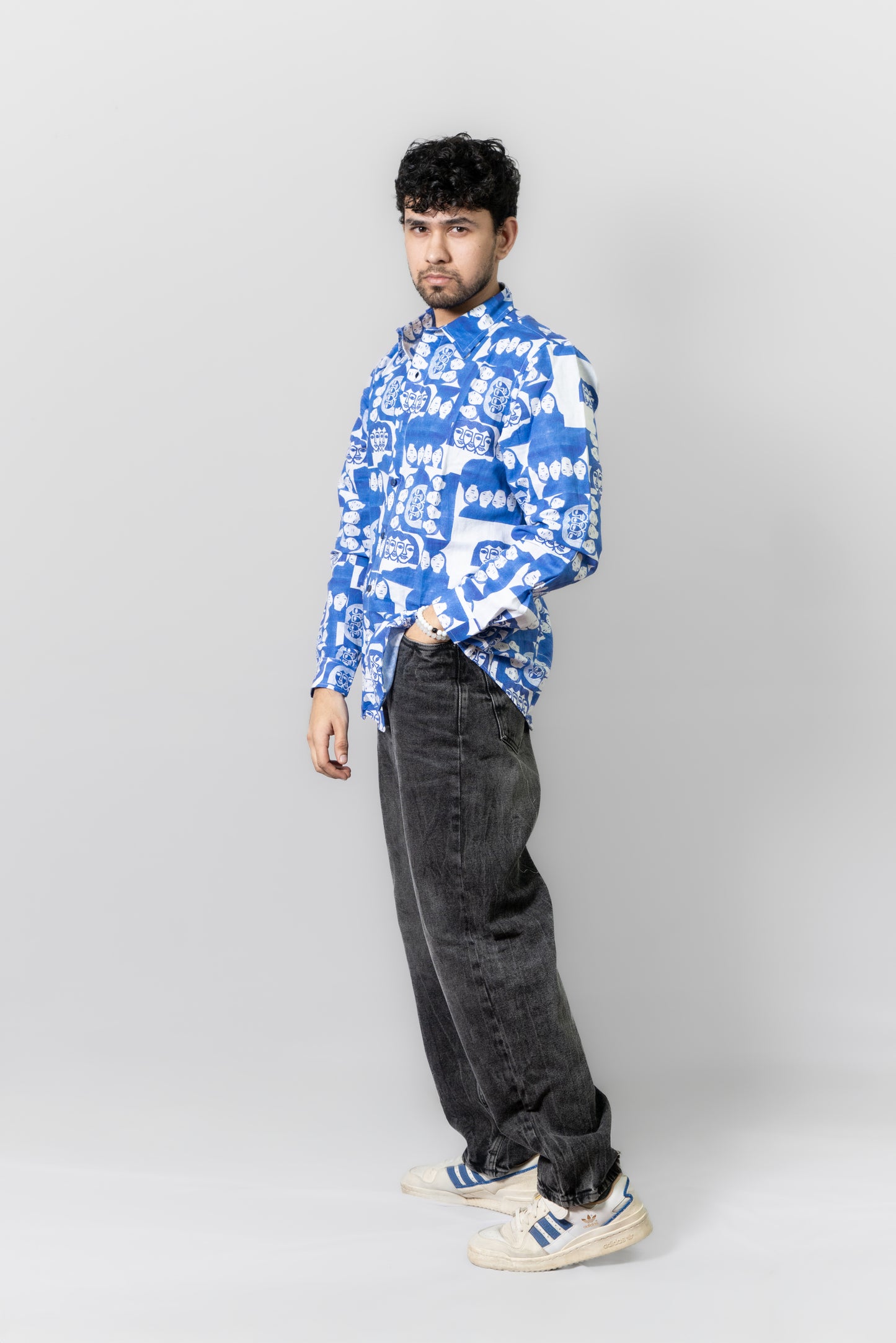 Linen Abstract Face Printed Shirt -Monday Blues- Blue