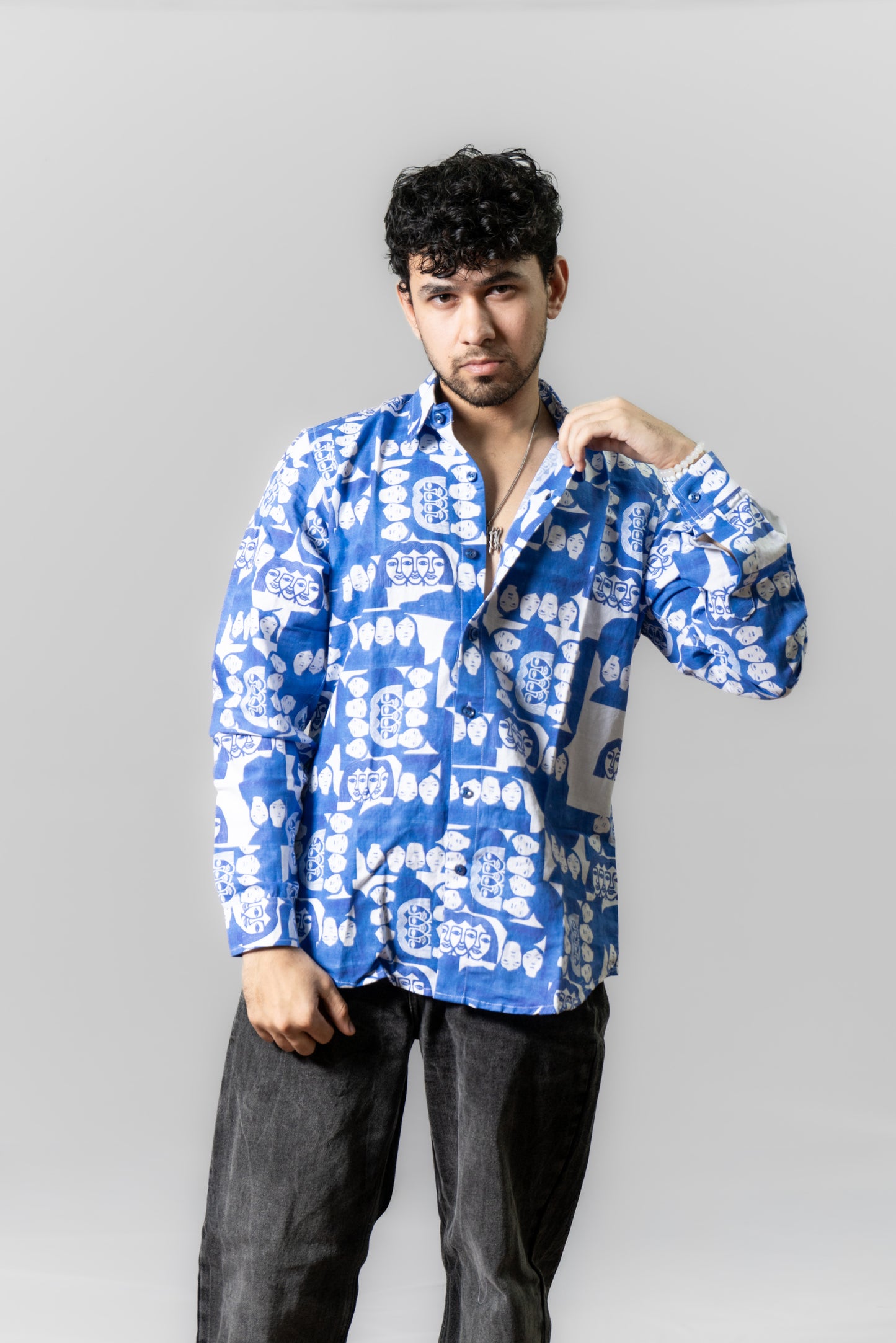 Linen Abstract Face Printed Shirt -Monday Blues- Blue