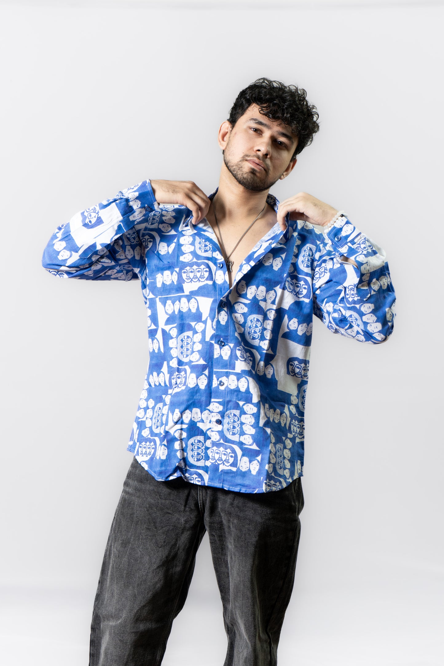 Linen Abstract Face Printed Shirt -Monday Blues- Blue