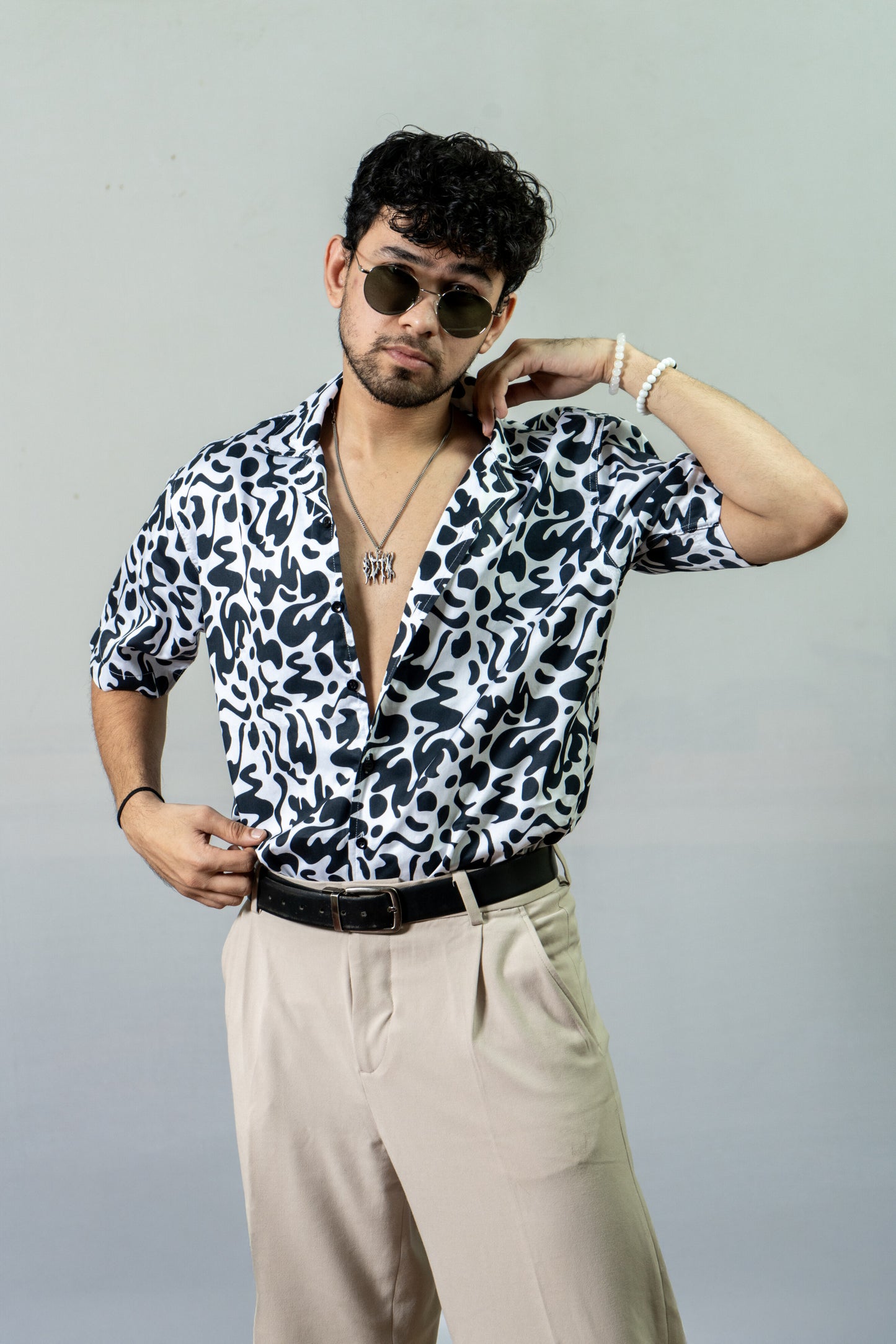 Giza Cotton Abstract Printed Shirt -Black And White Fun