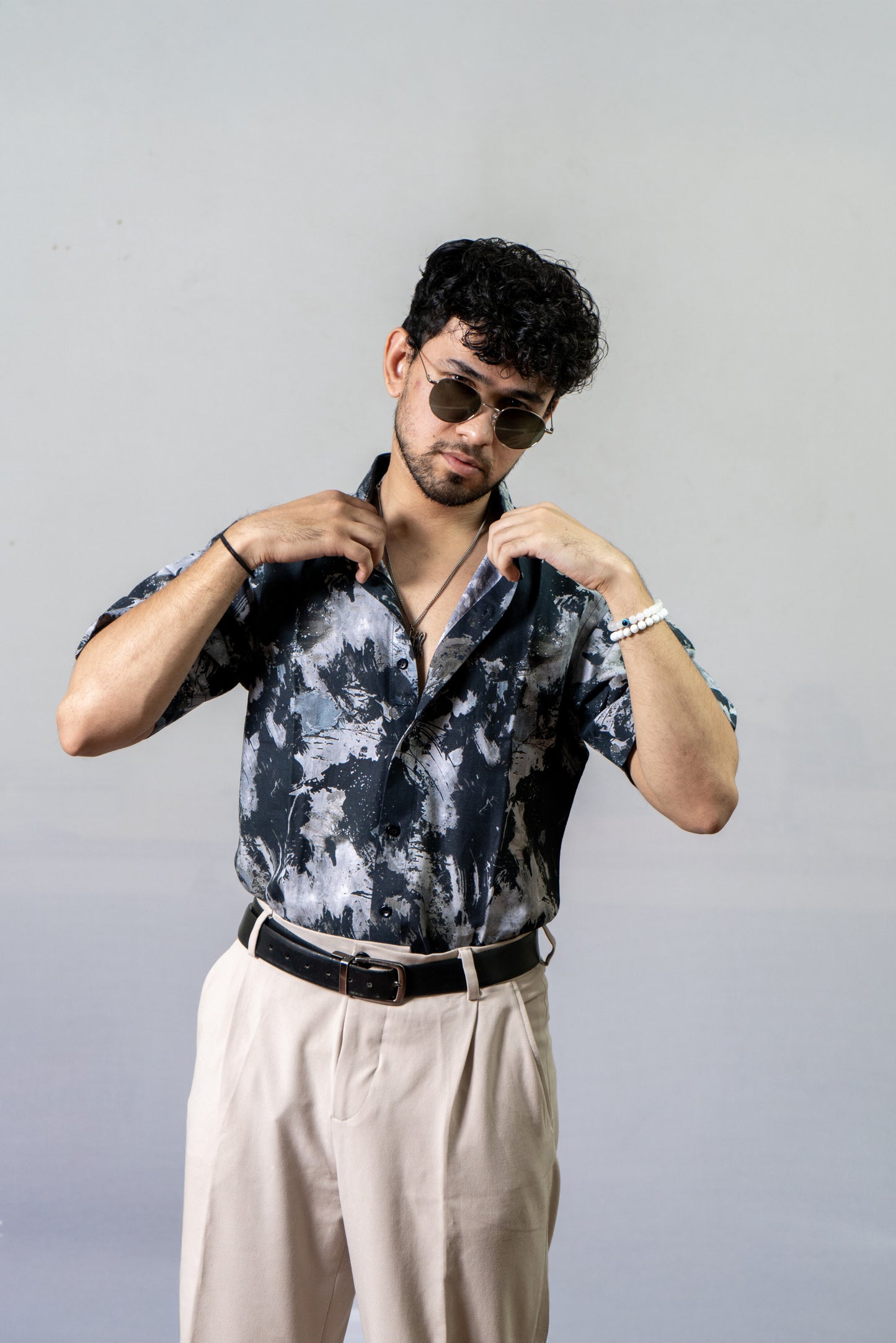 Linen Black and white Printed Shirt The Dye Fun- Black