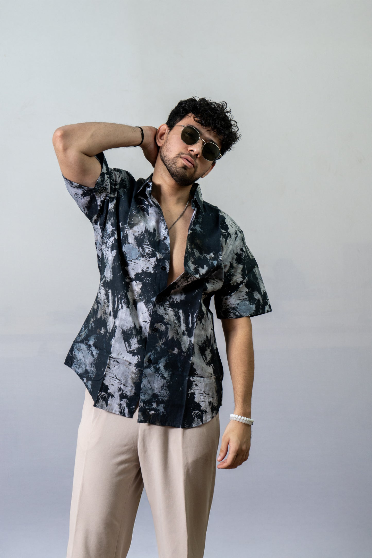 Linen Black and white Printed Shirt The Dye Fun- Black
