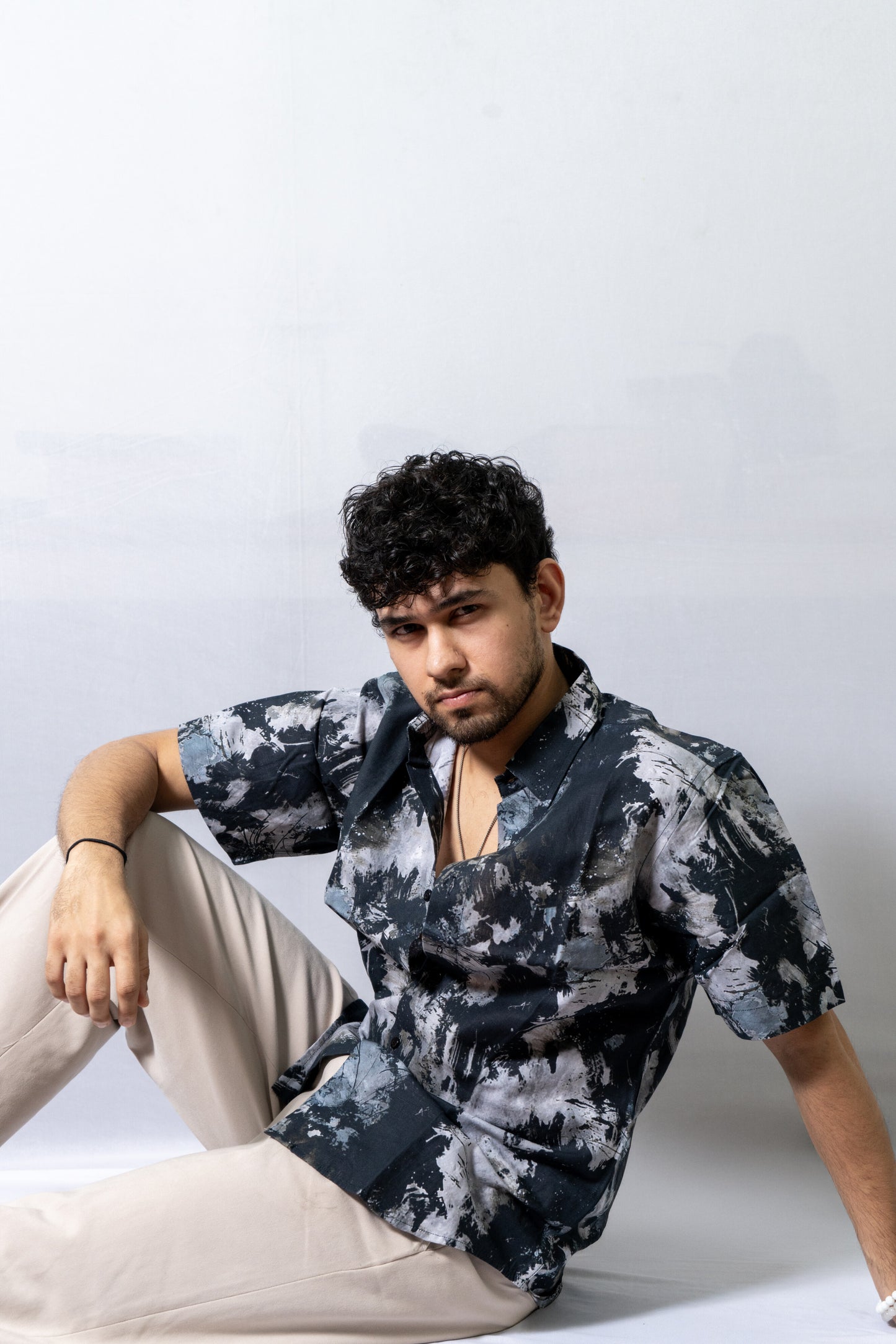Linen Black and white Printed Shirt The Dye Fun- Black