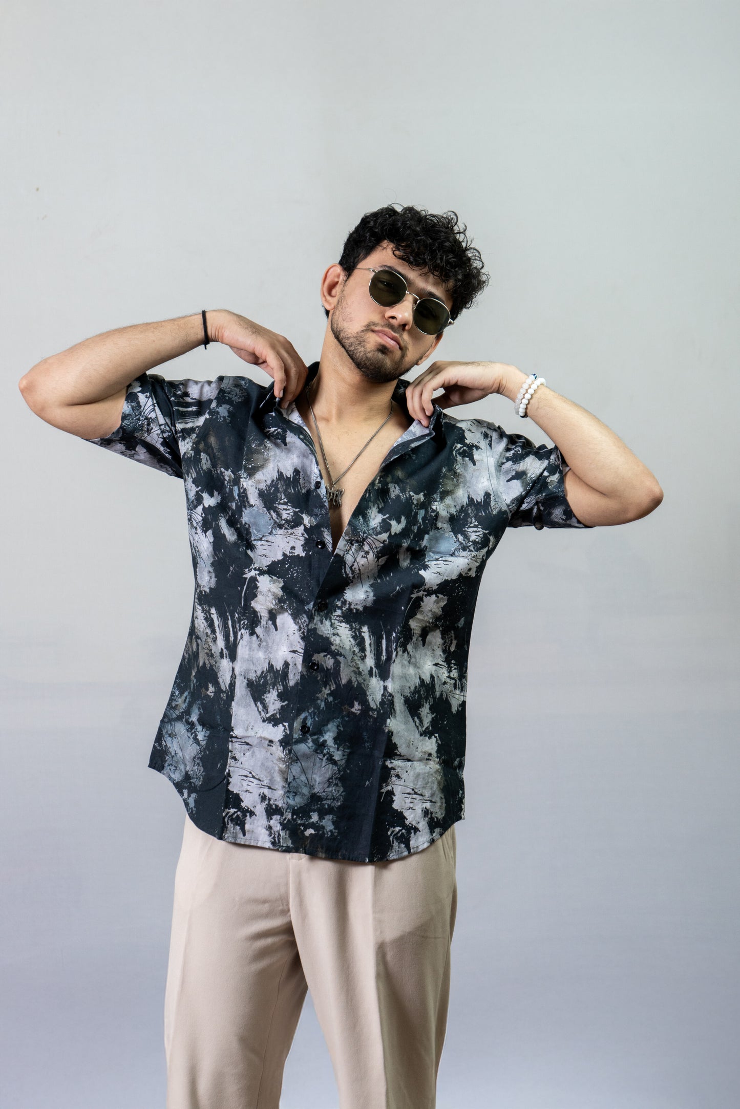 Linen Black and white Printed Shirt The Dye Fun- Black