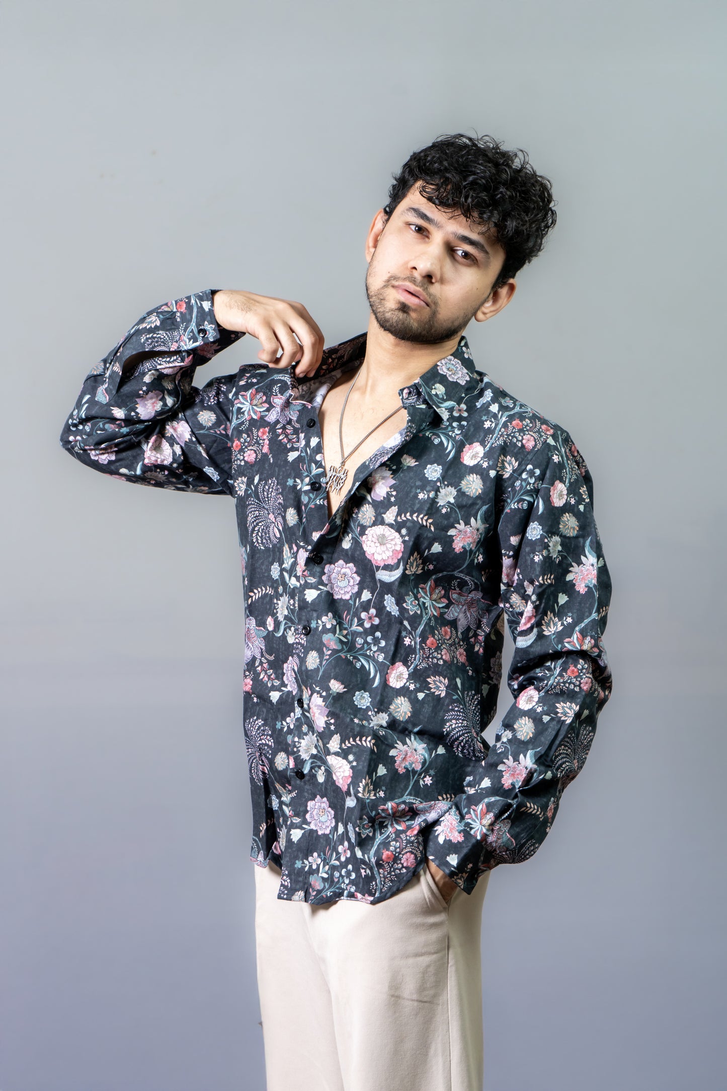Floral Printed Shirt The Night Plush- Black