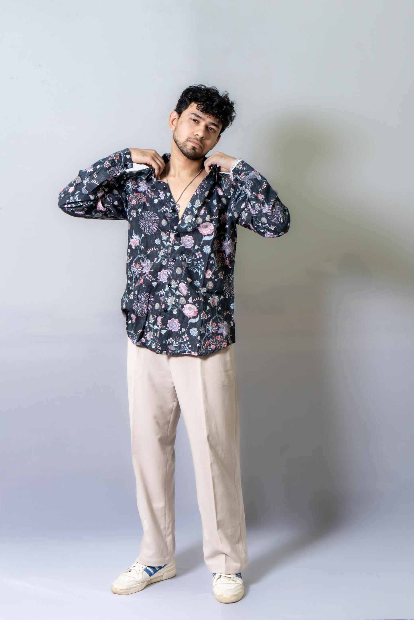 Floral Printed Shirt The Night Plush- Black