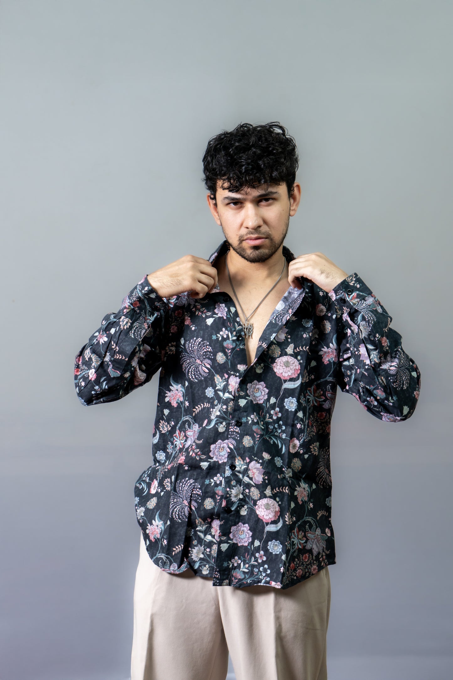 Floral Printed Shirt The Night Plush- Black