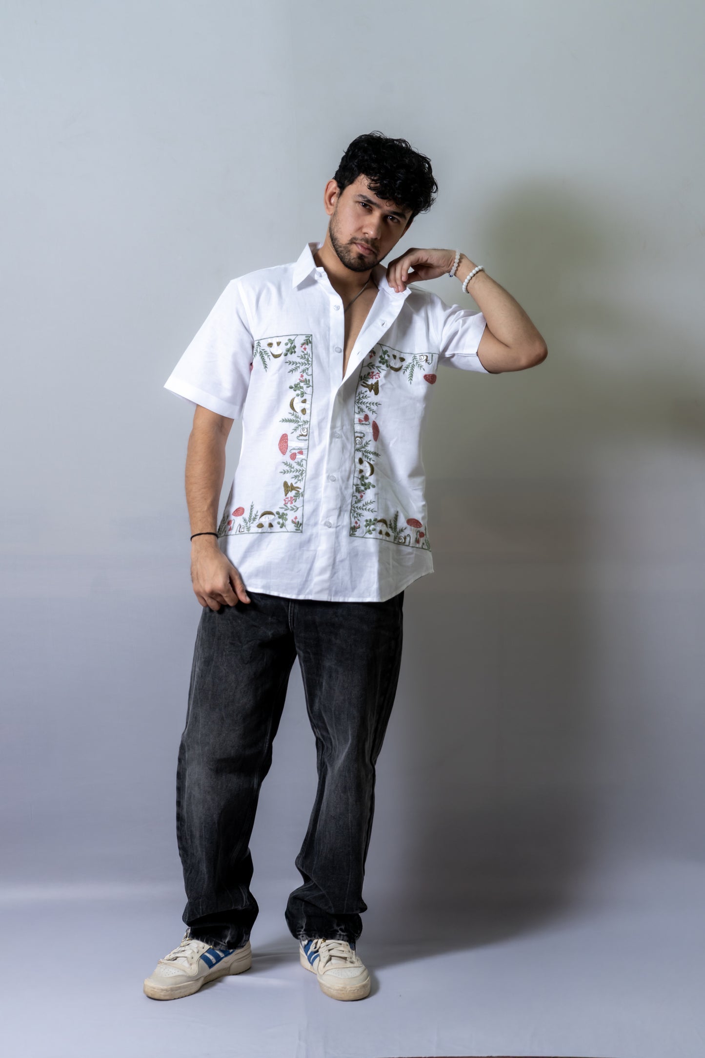 Hemp Multi Color Embroidered shirt Mushrooms In A Bush- White