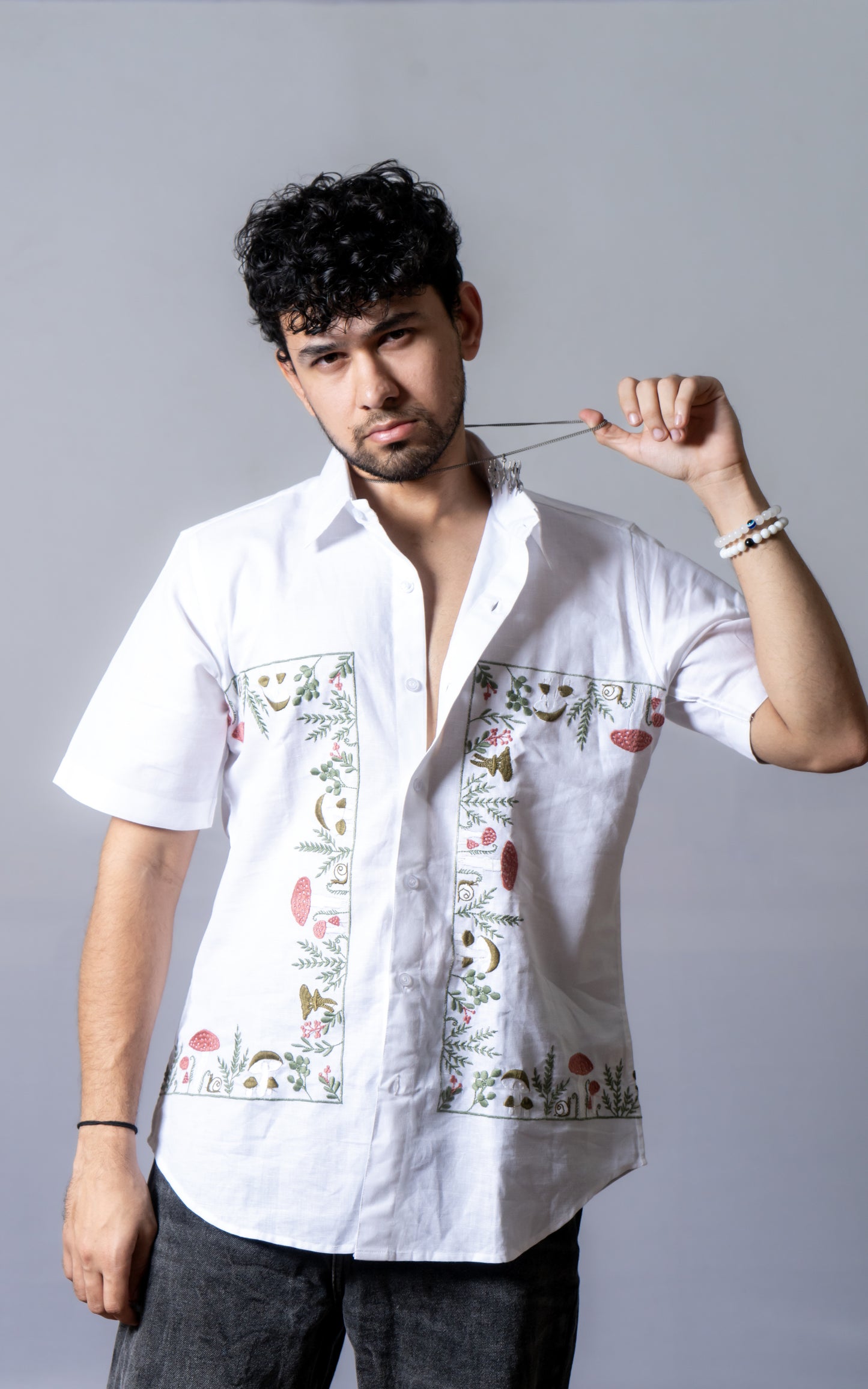 Hemp Multi Color Embroidered shirt Mushrooms In A Bush- White