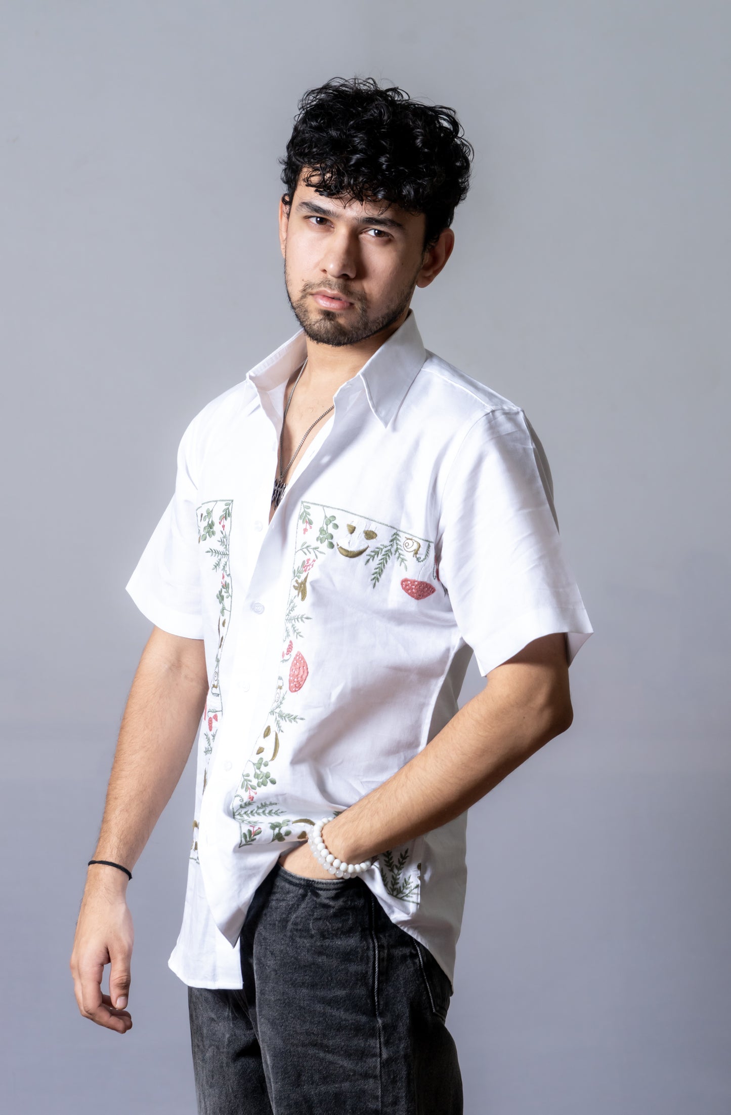 Hemp Multi Color Embroidered shirt Mushrooms In A Bush- White