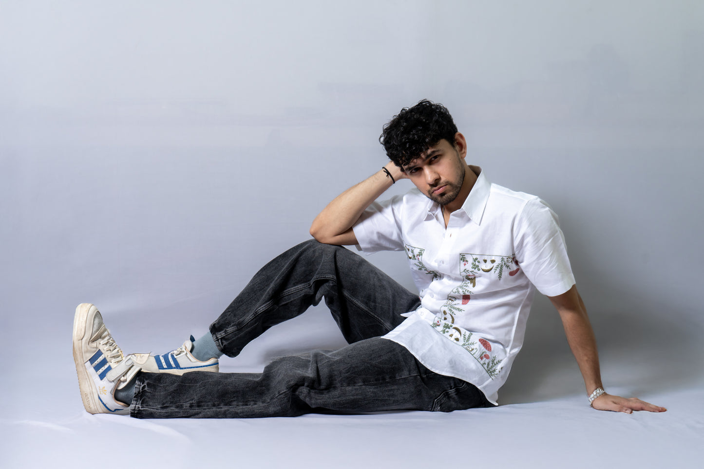 Hemp Multi Color Embroidered shirt Mushrooms In A Bush- White