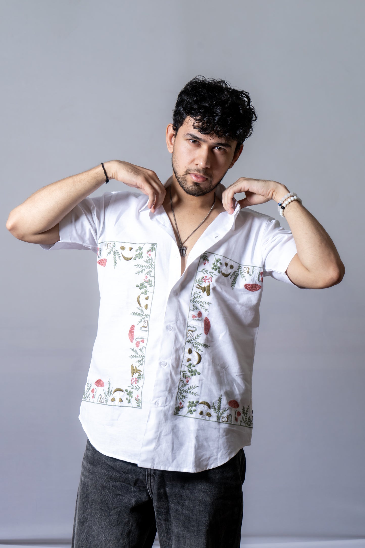 Hemp Multi Color Embroidered shirt Mushrooms In A Bush- White
