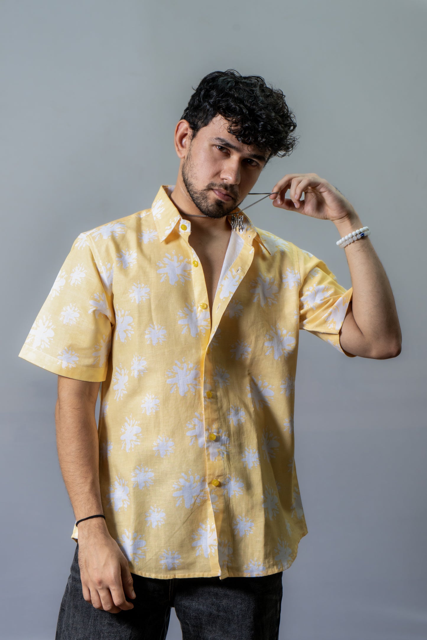 Linen Abstract Printed Shirt Summer Splash- Yellow
