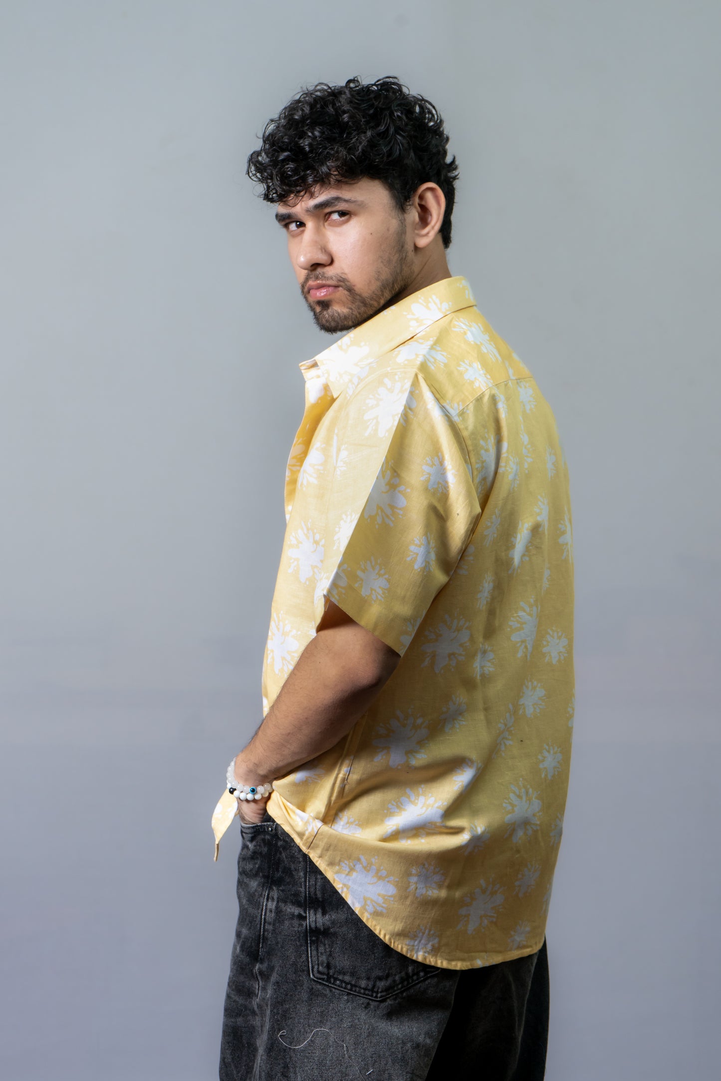 Linen Abstract Printed Shirt Summer Splash- Yellow