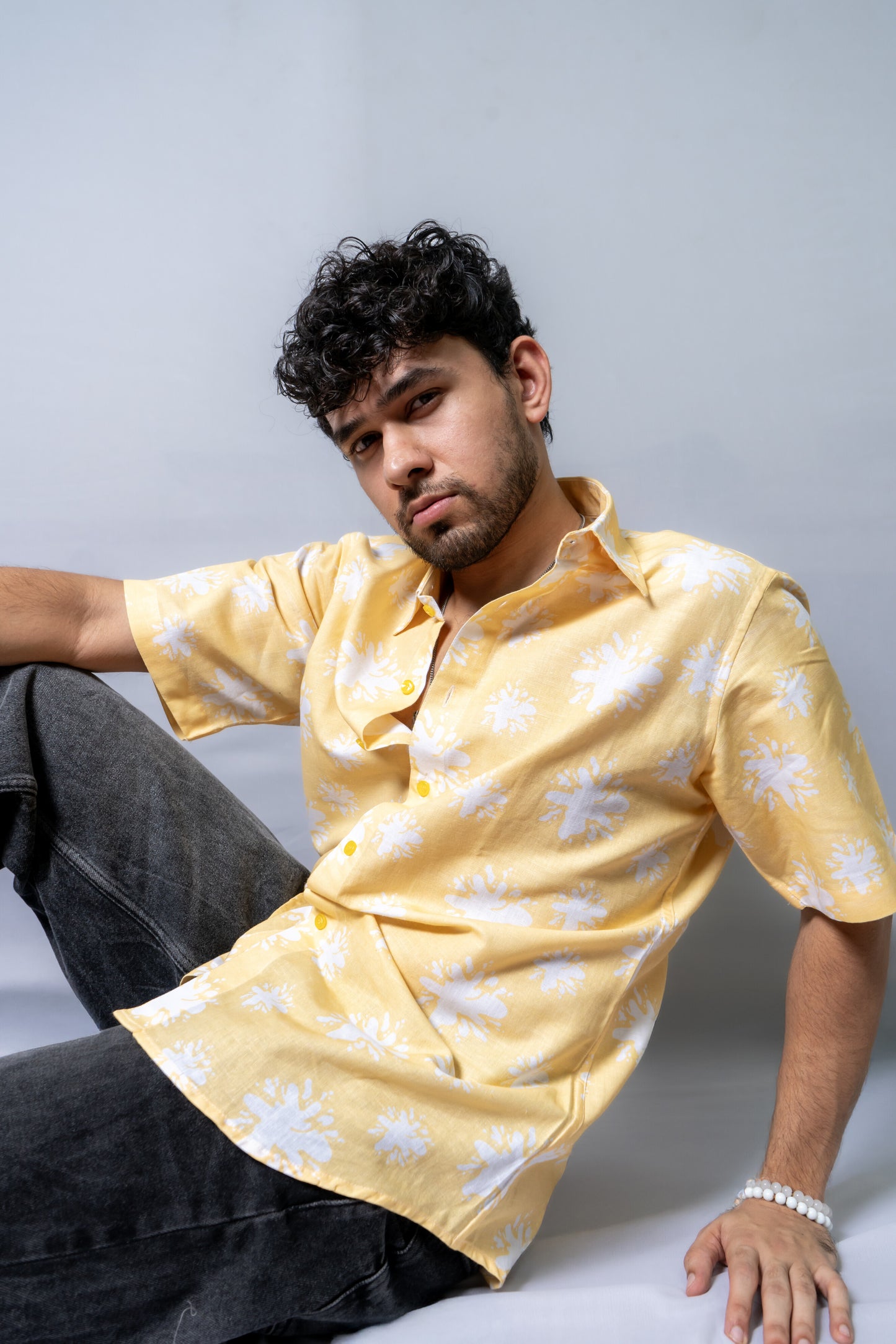 Linen Abstract Printed Shirt Summer Splash- Yellow