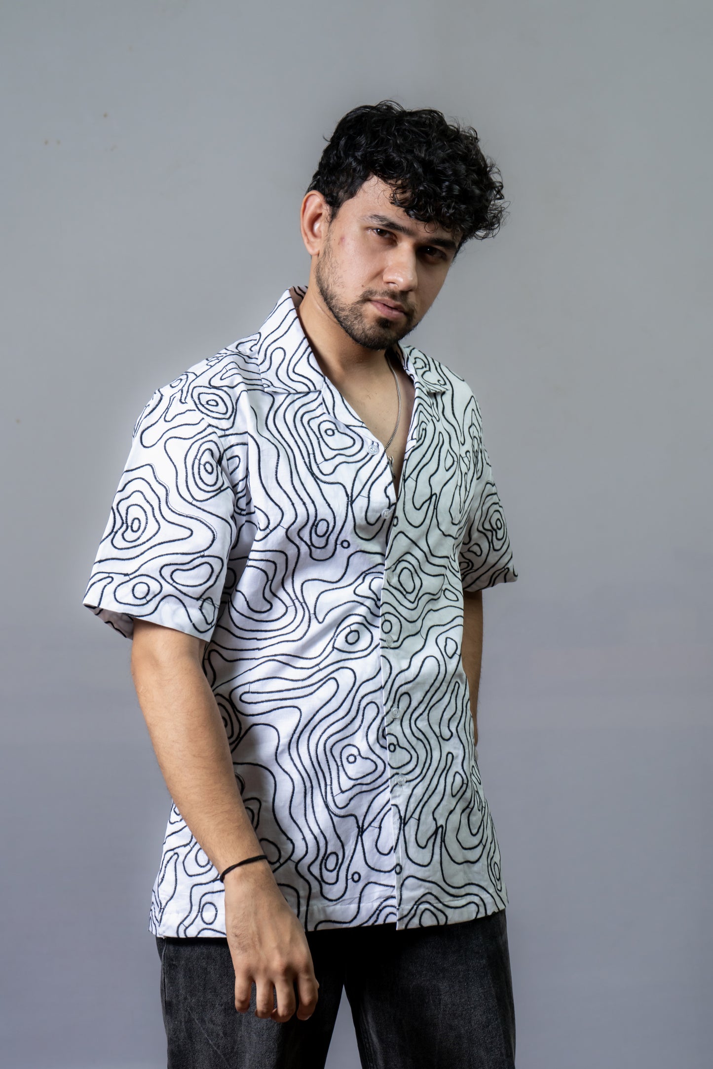 Hemp All Over Embroidery Shirt The Wiggle Love- Black&White