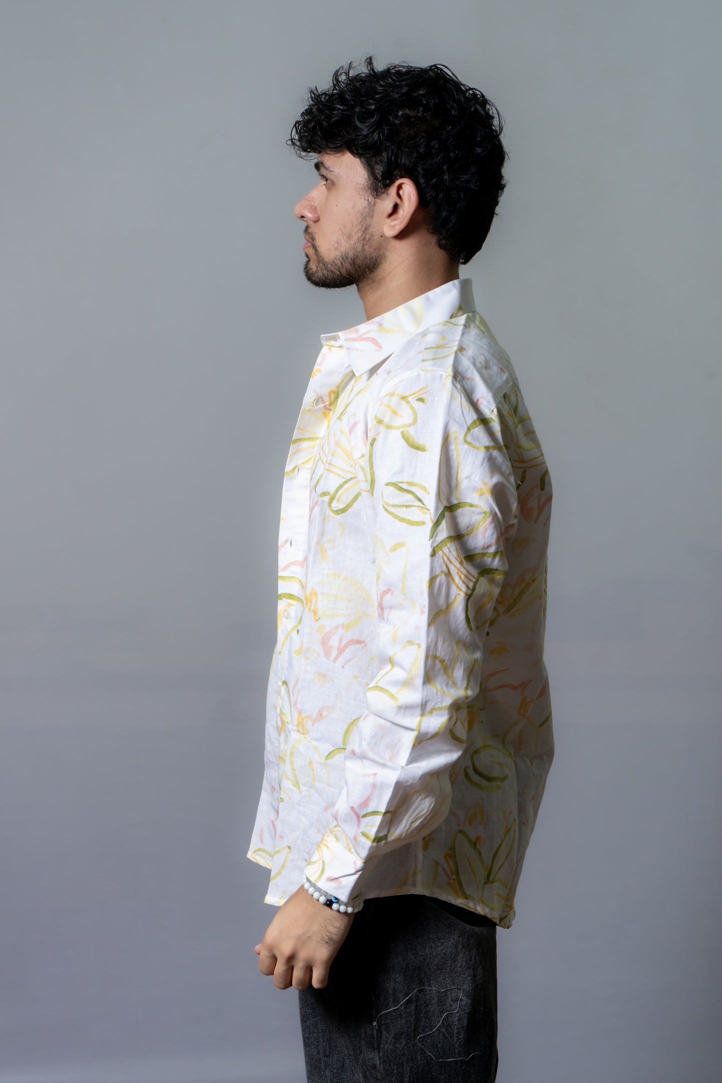 Linen Abstract Printed Shirt Blooming Sunshine- White