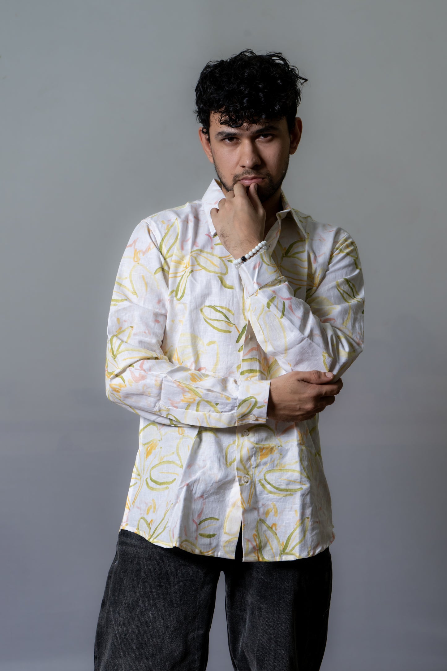 Linen Abstract Printed Shirt Blooming Sunshine- White