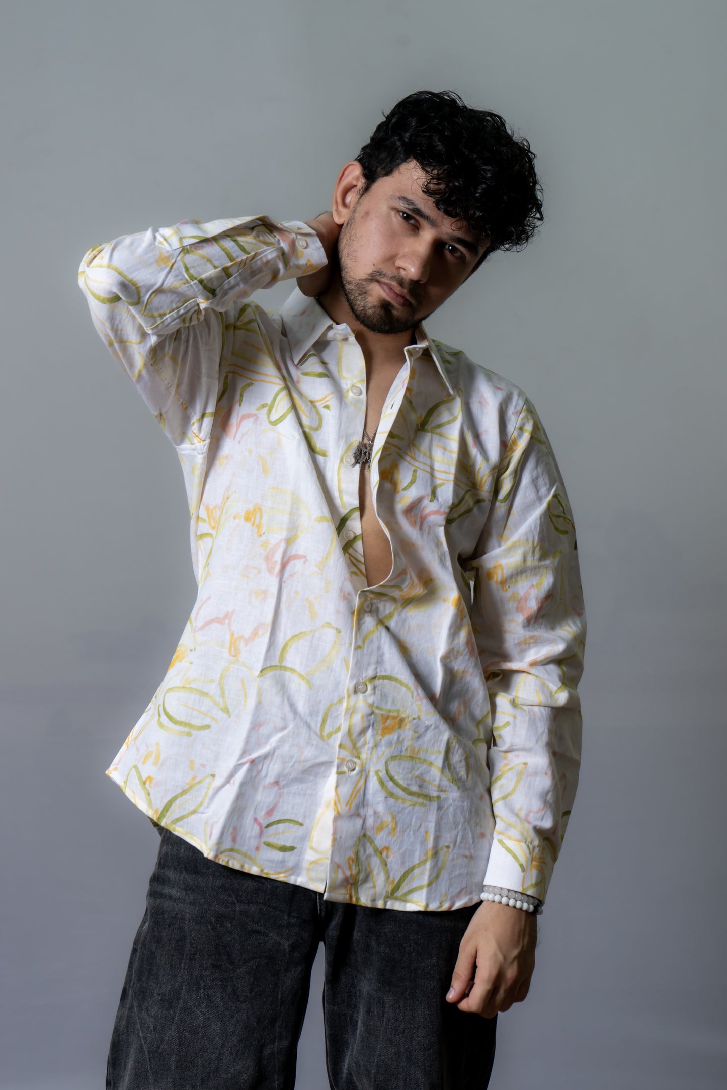 Linen Abstract Printed Shirt Blooming Sunshine- White