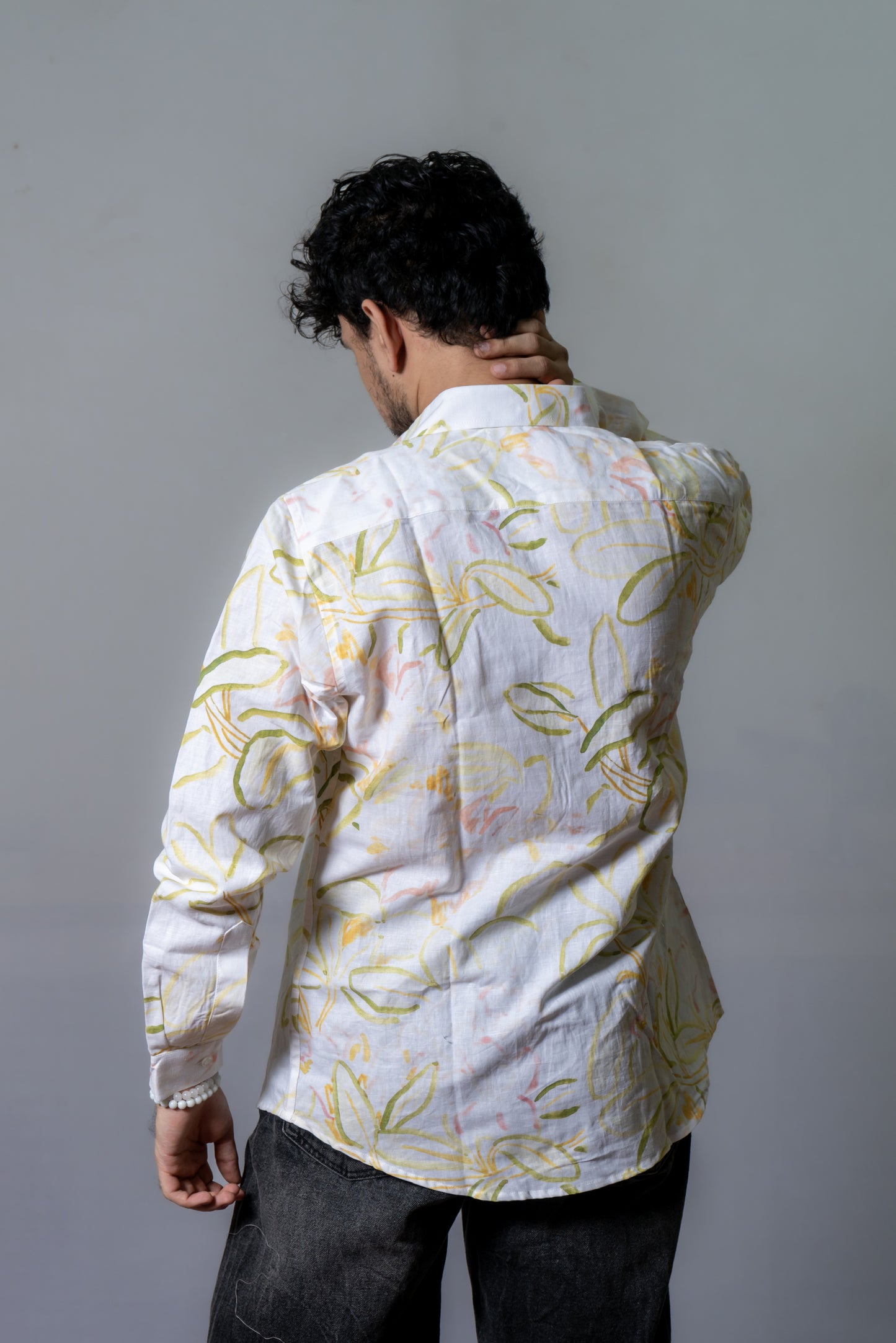 Linen Abstract Printed Shirt Blooming Sunshine- White