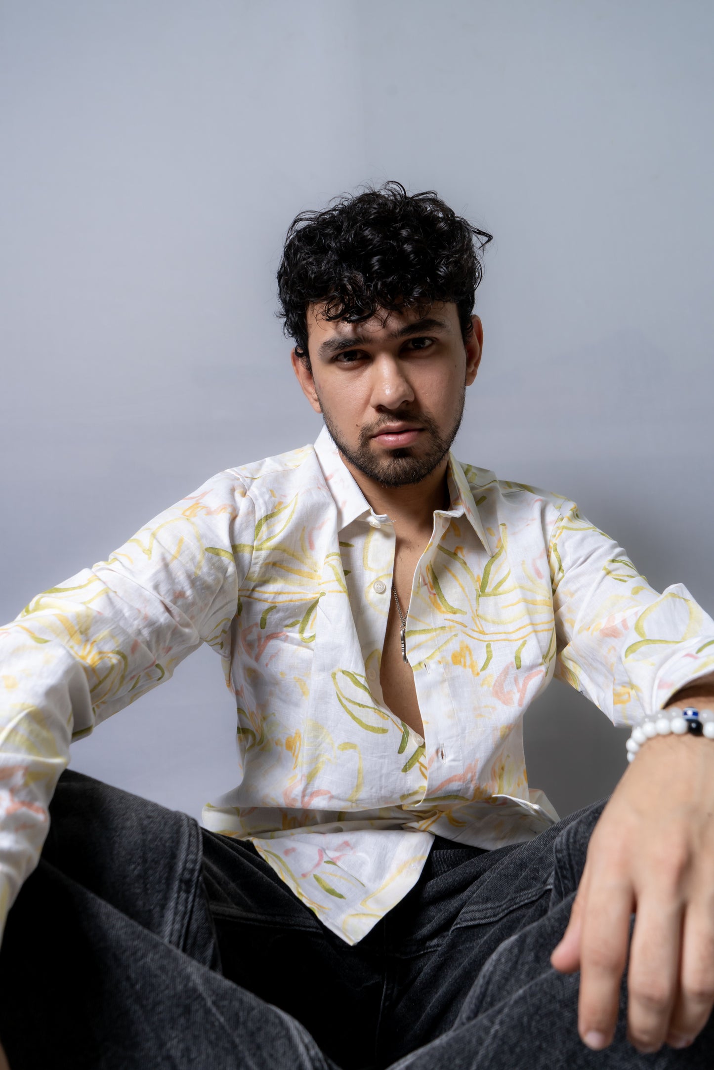 Linen Abstract Printed Shirt Blooming Sunshine- White