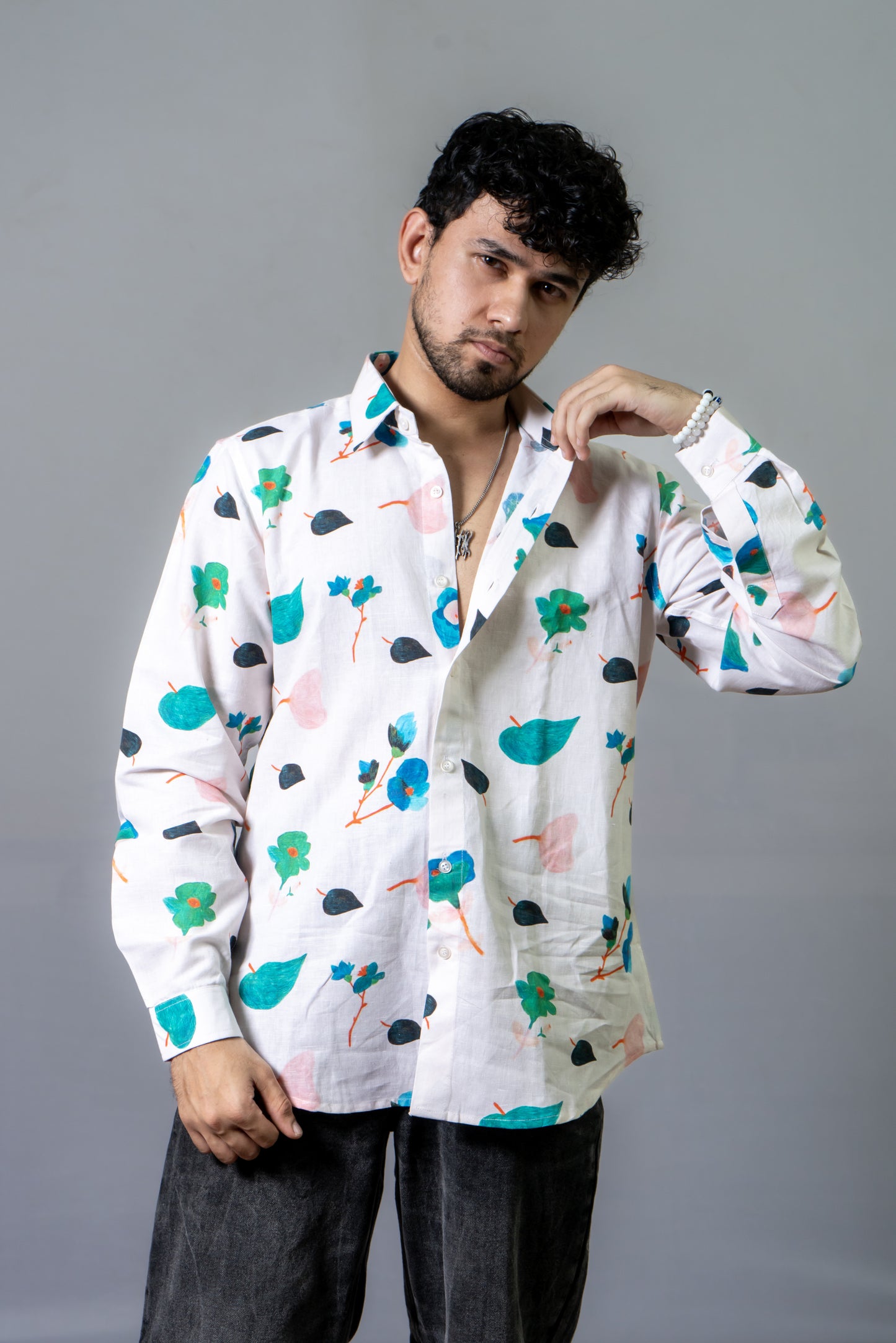 Linen Floral Printed Shirt Autumn Doodles- White