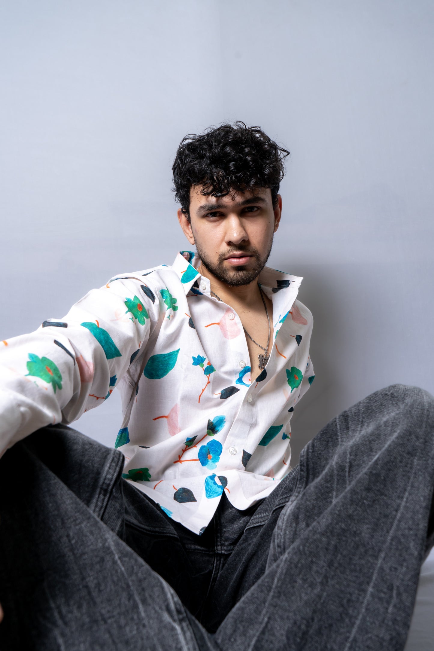 Linen Floral Printed Shirt Autumn Doodles- White