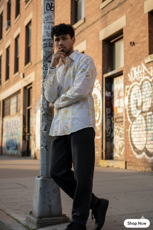 Linen Abstract Printed Shirt Blooming Sunshine- White
