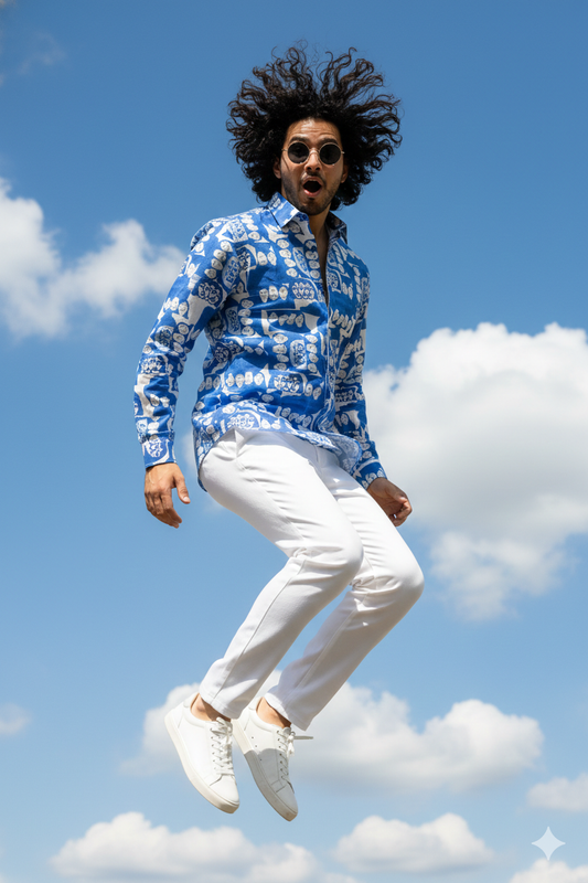 Linen Abstract Face Printed Shirt -Monday Blues- Blue