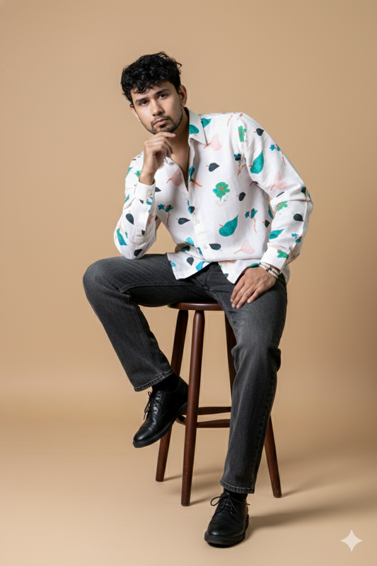 Linen Floral Printed Shirt Autumn Doodles- White