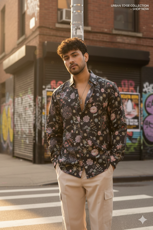 Floral Printed Shirt The Night Plush- Black