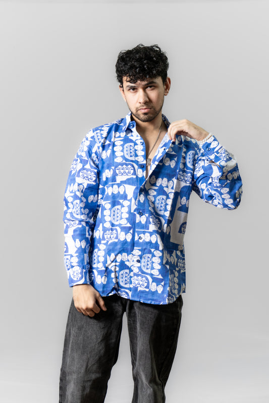 Linen Abstract Face Printed Shirt -Monday Blues- Blue