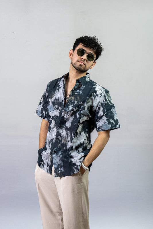 Linen Black and white Printed Shirt The Dye Fun- Black