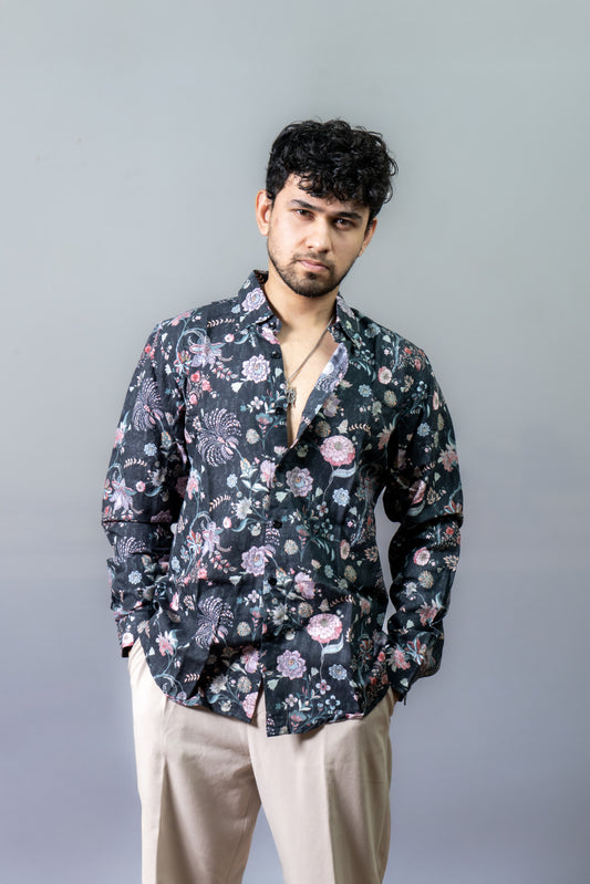 Floral Printed Shirt The Night Plush- Black
