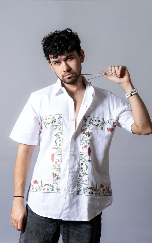 Hemp Multi Color Embroidered shirt  Mushrooms In A Bush- White