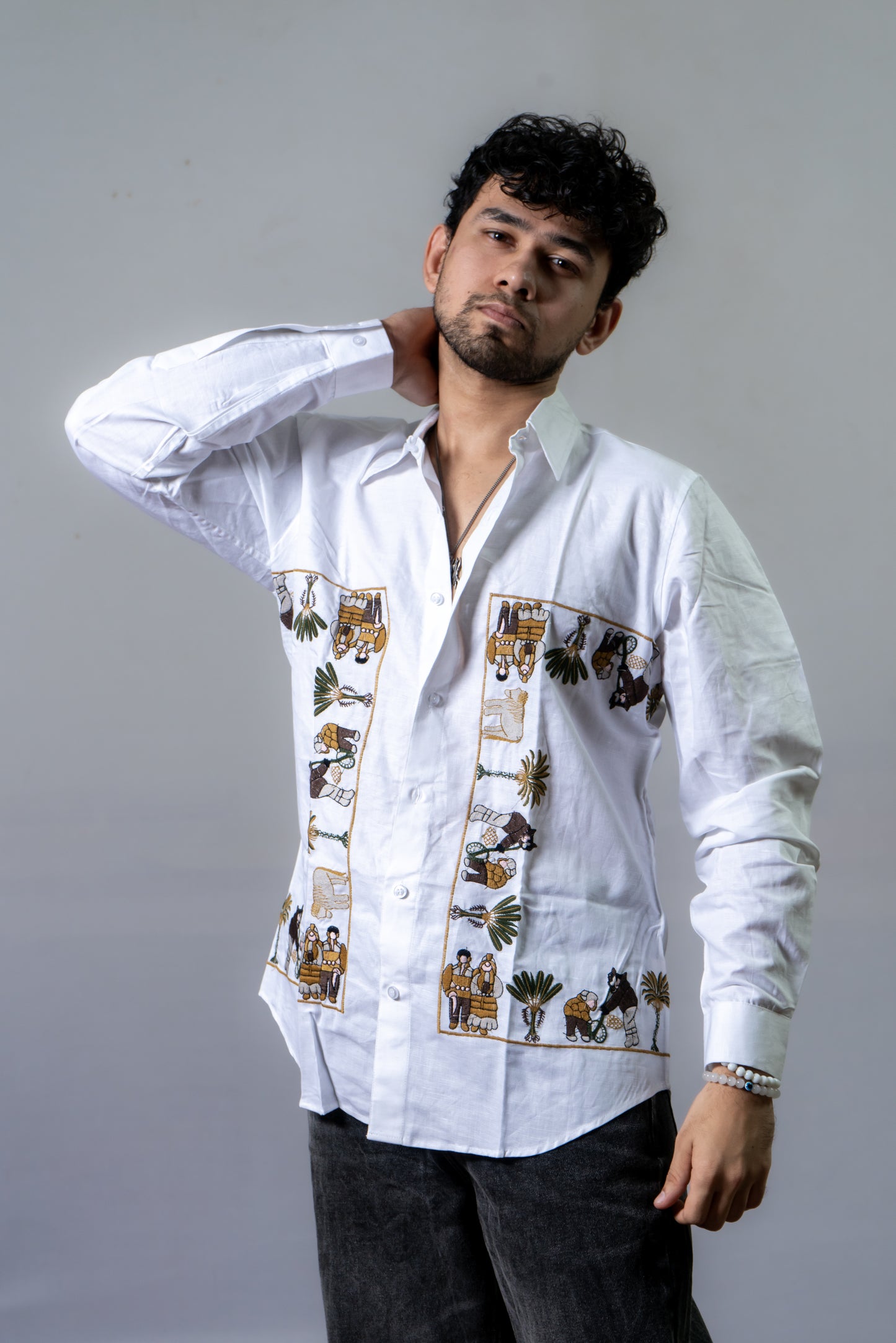 Hemp Multi Color Embroidered shirt  The Tribal Fair- White