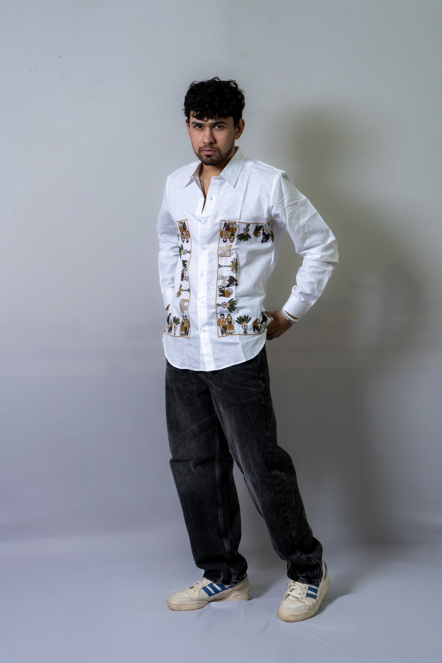 Hemp Multi Color Embroidered shirt  The Tribal Fair- White