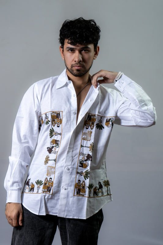 Hemp Multi Color Embroidered shirt  The Tribal Fair- White
