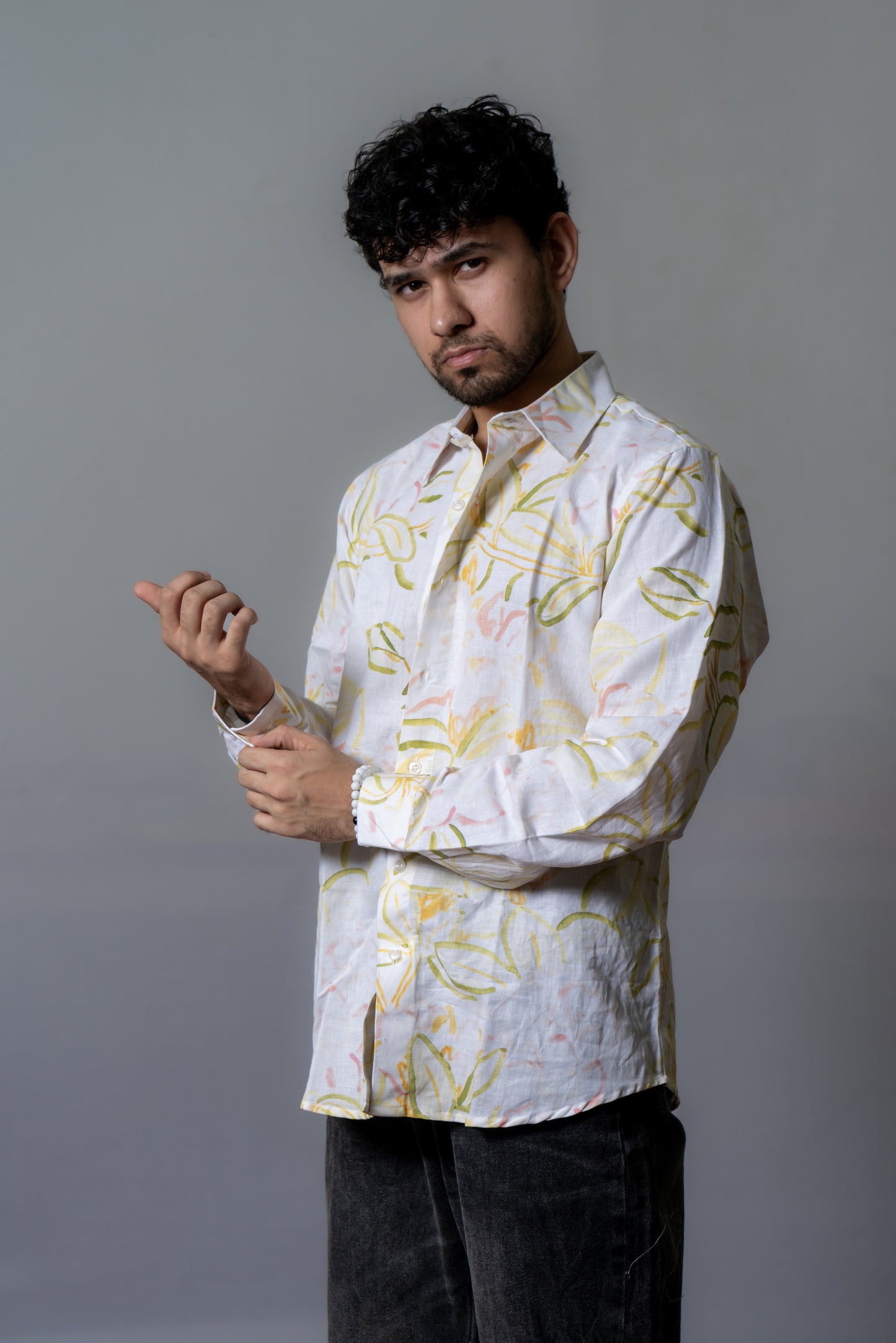 Linen Abstract Printed Shirt Blooming Sunshine- White