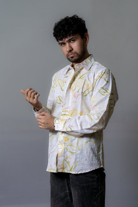 Linen Abstract Printed Shirt Blooming Sunshine- White