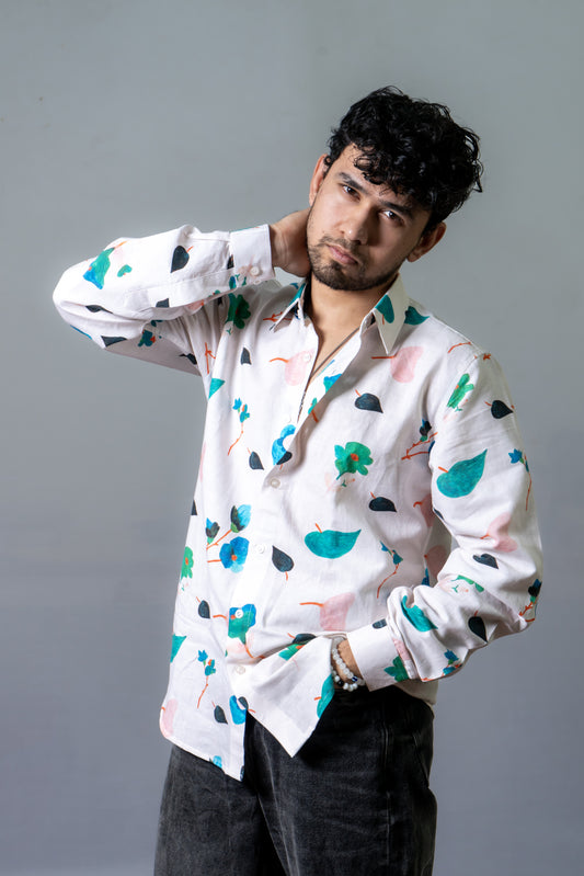 Linen Floral Printed Shirt Autumn Doodles- White