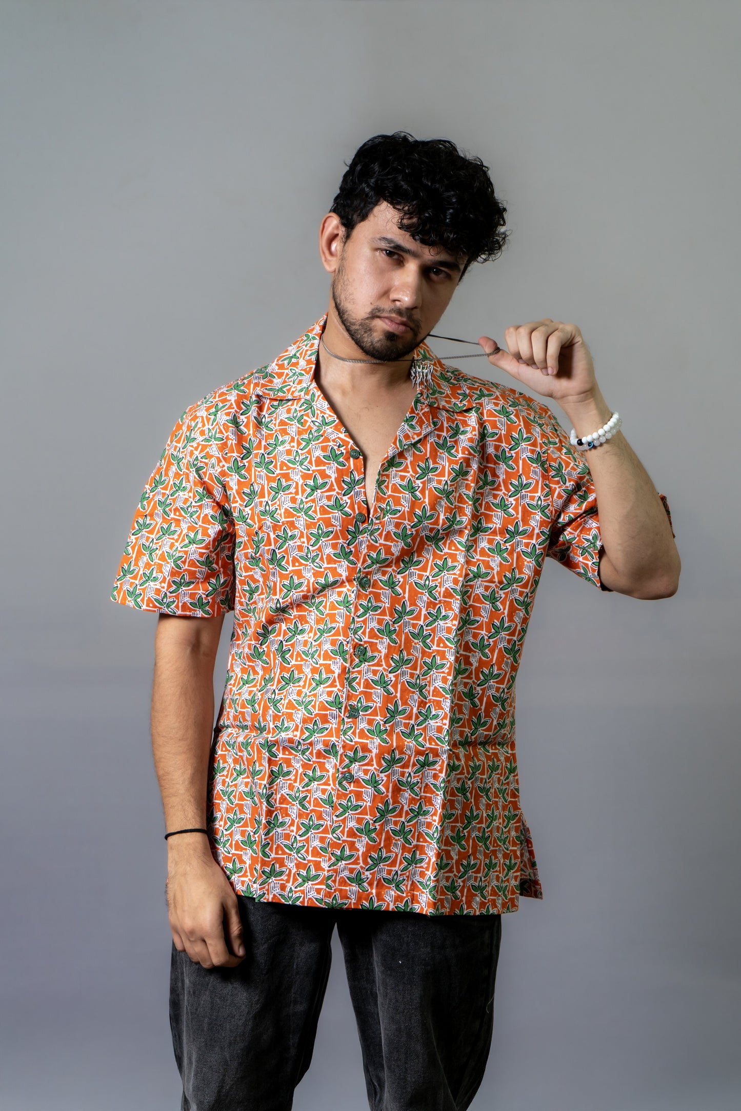 Linen Floral Printed Shirt The Leafy Panel- Tangerine