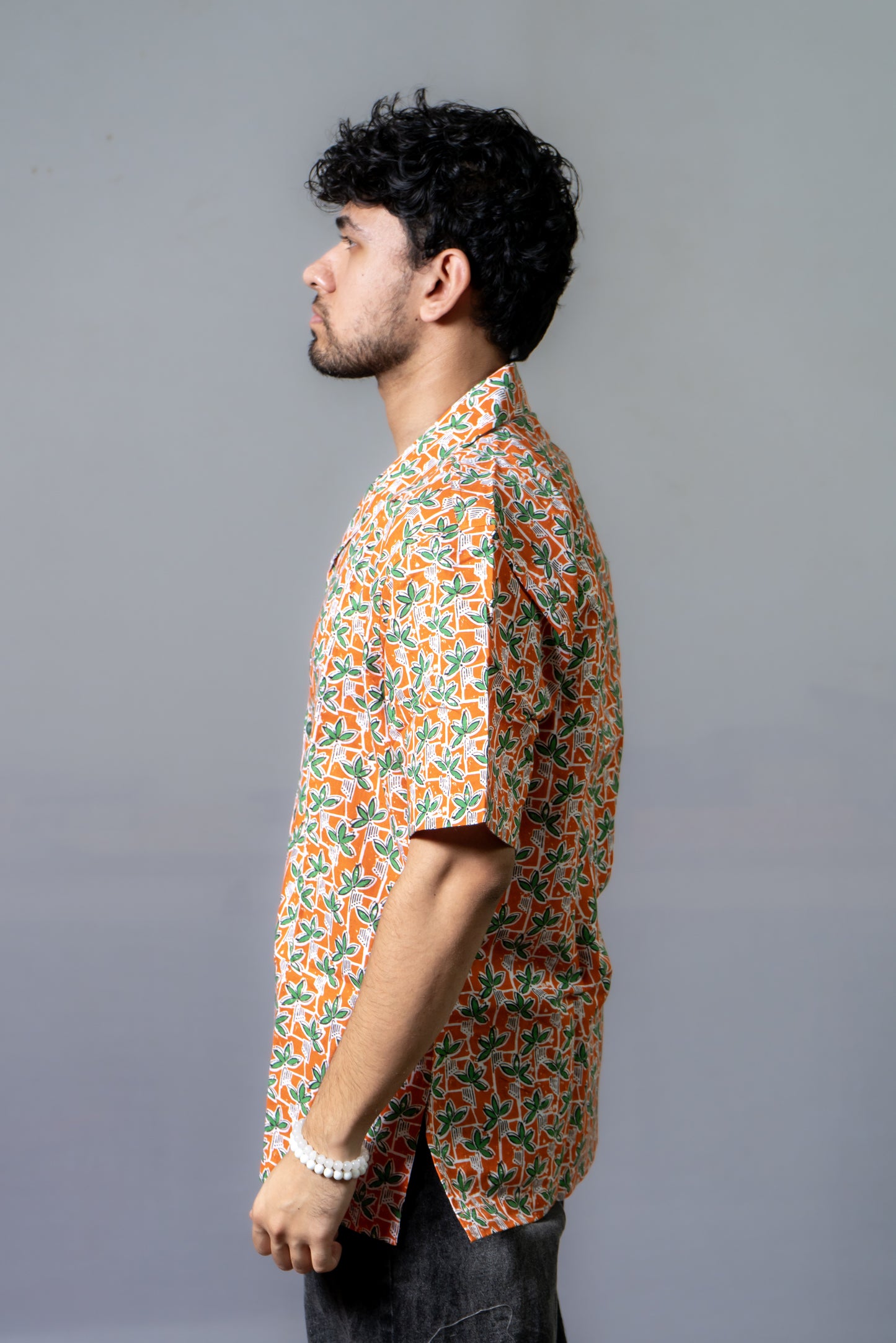 Linen Floral Printed Shirt The Leafy Panel- Tangerine