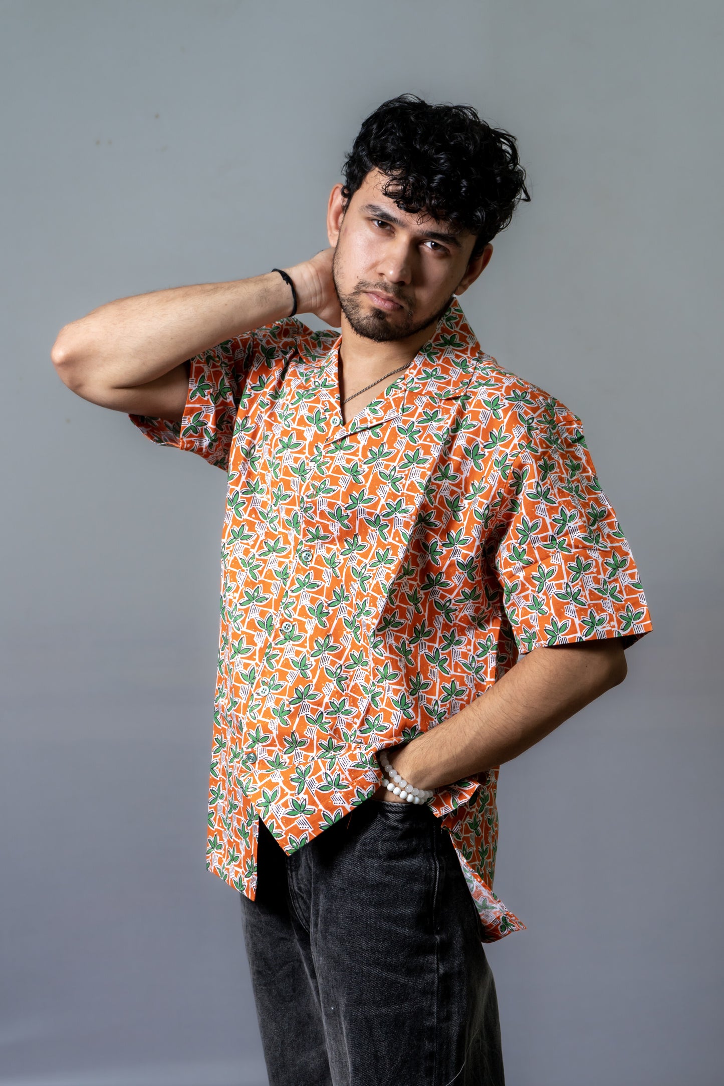 Linen Floral Printed Shirt The Leafy Panel- Tangerine
