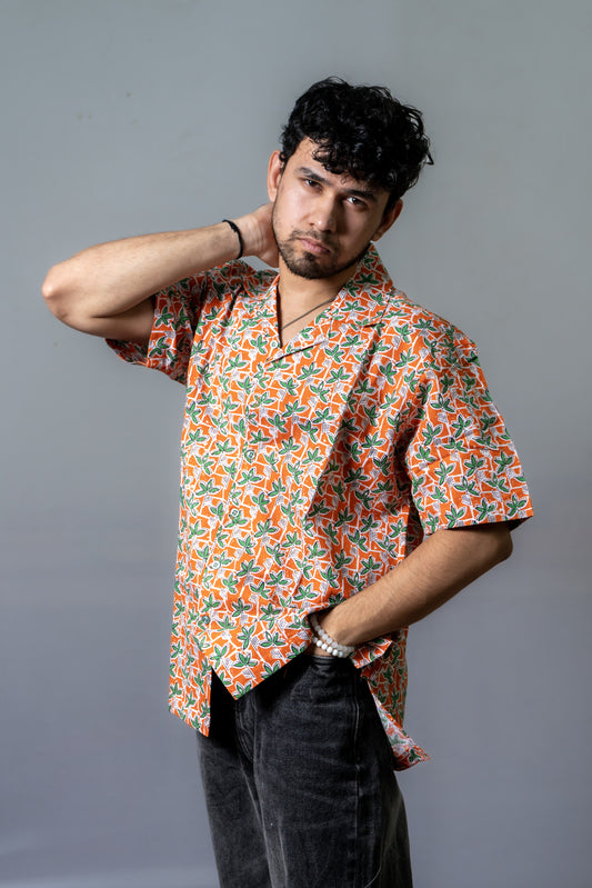 Linen Floral Printed Shirt The Leafy Panel- Tangerine