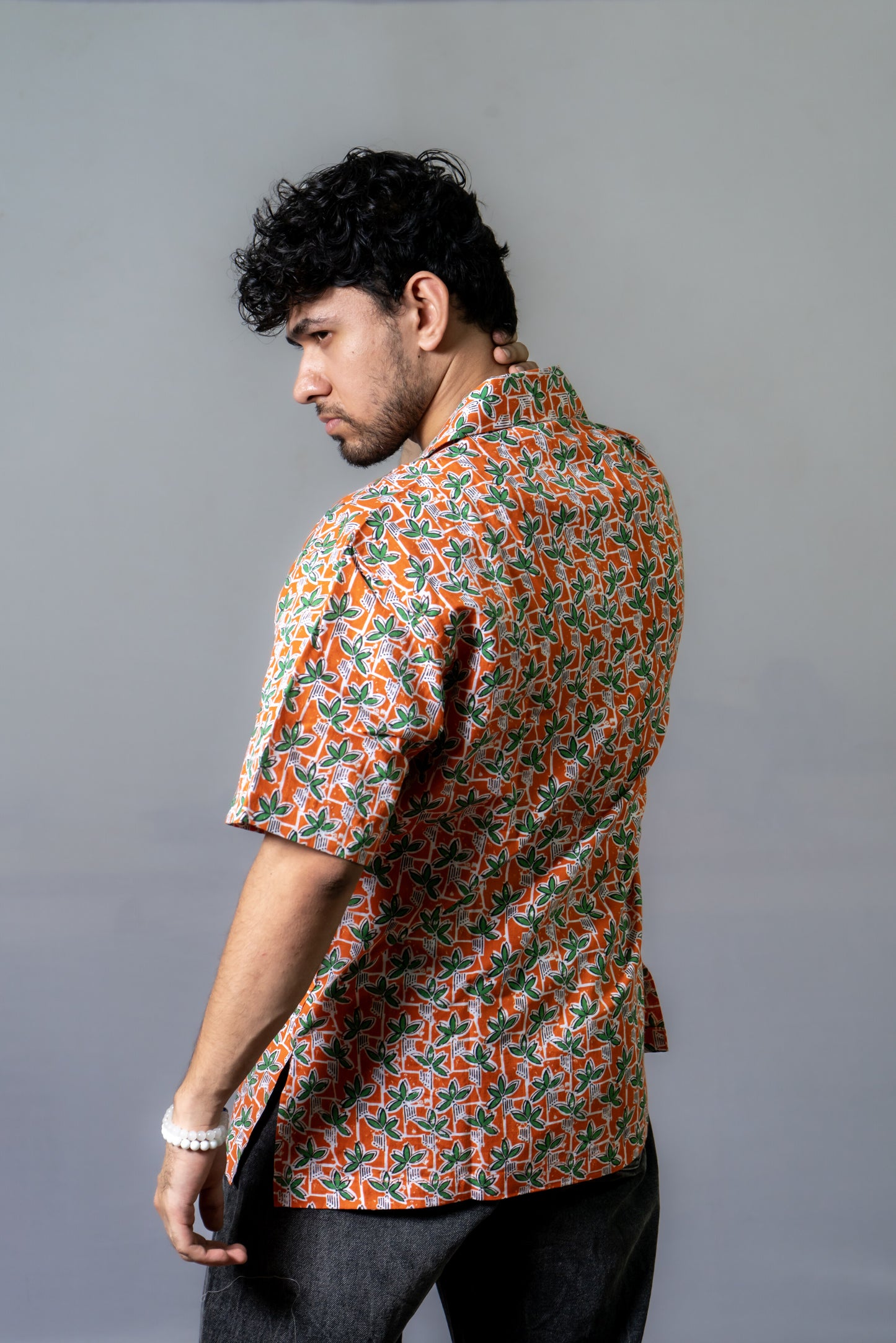 Linen Floral Printed Shirt The Leafy Panel- Tangerine